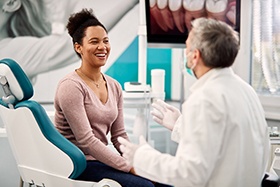 Dentist and patient discussing who is a candidate for dental implants in Dallas