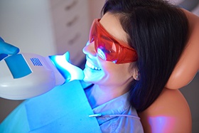 Woman with protective glasses receiving teeth whitening in Dallas, TX